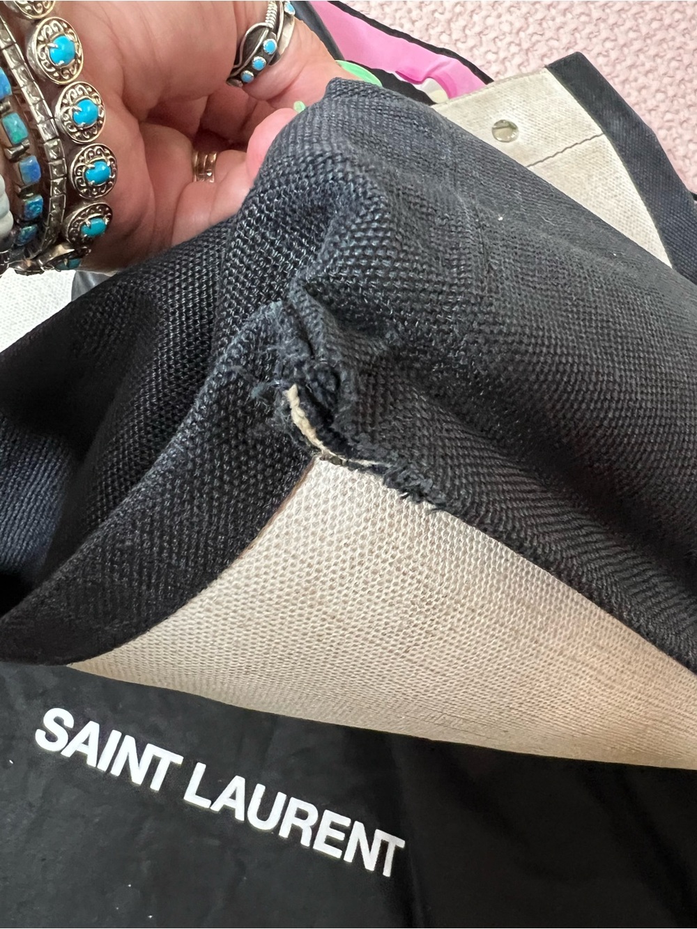 Saint Laurent Rive Gauche North/South Canvas Messenger Tote in Cream and Black - Picture 16 of 17